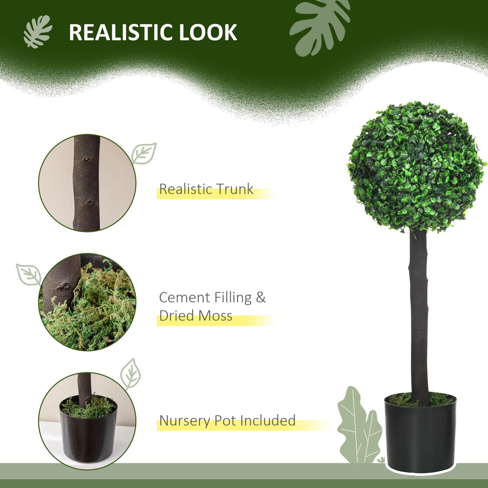 HOMCOM Set of 2 Potted Artificial Plants Boxwood Ball Trees Indoor Outdoor, 60Cm