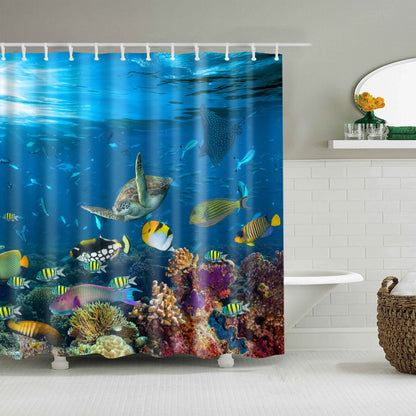 Beach Starfish Ocean Print Shower Curtain Toilet Bathroom Waterproof 12 Hooks