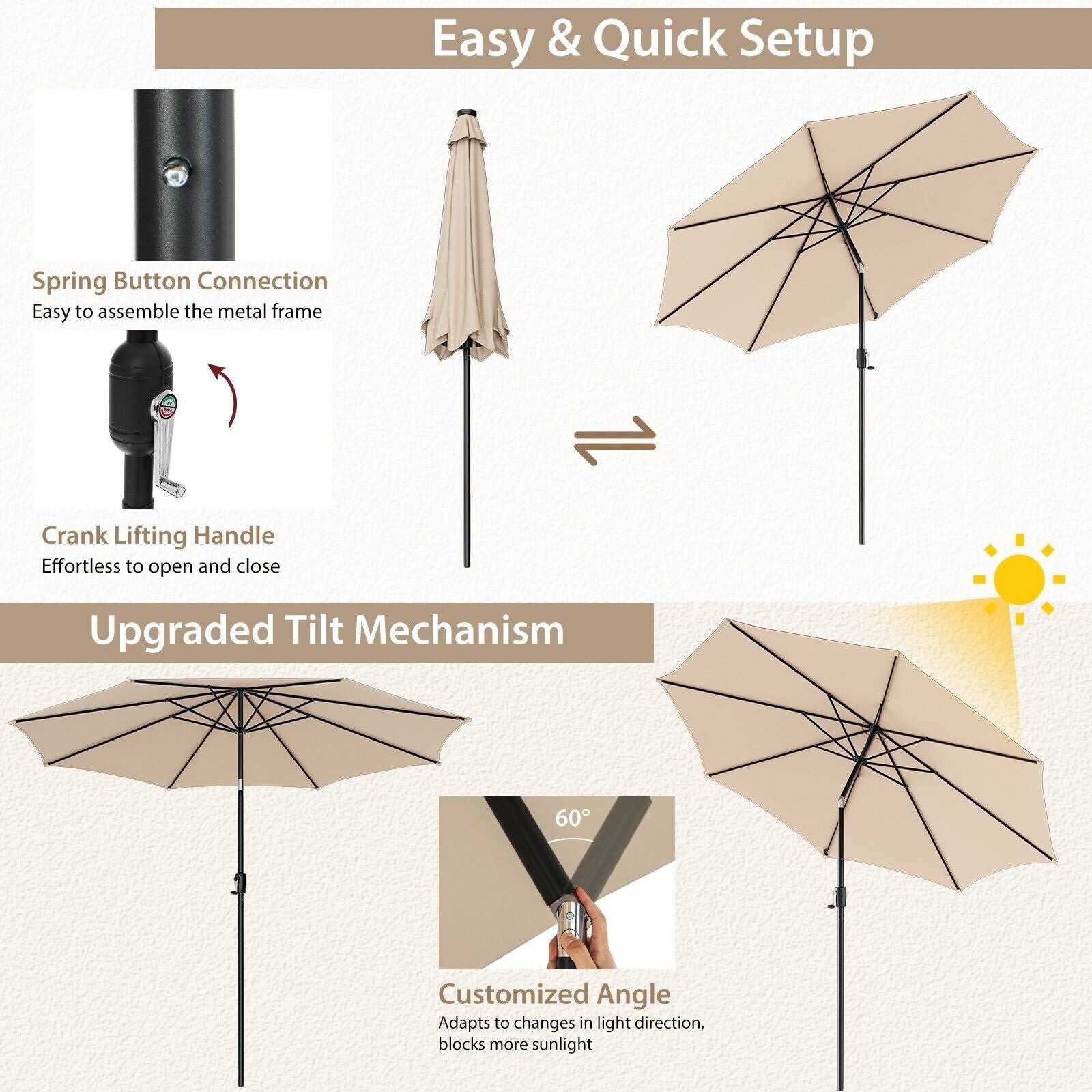 Costway 270Cm Patio Umbrella Cantilever Umbrella Canopy Market Table Umbrella