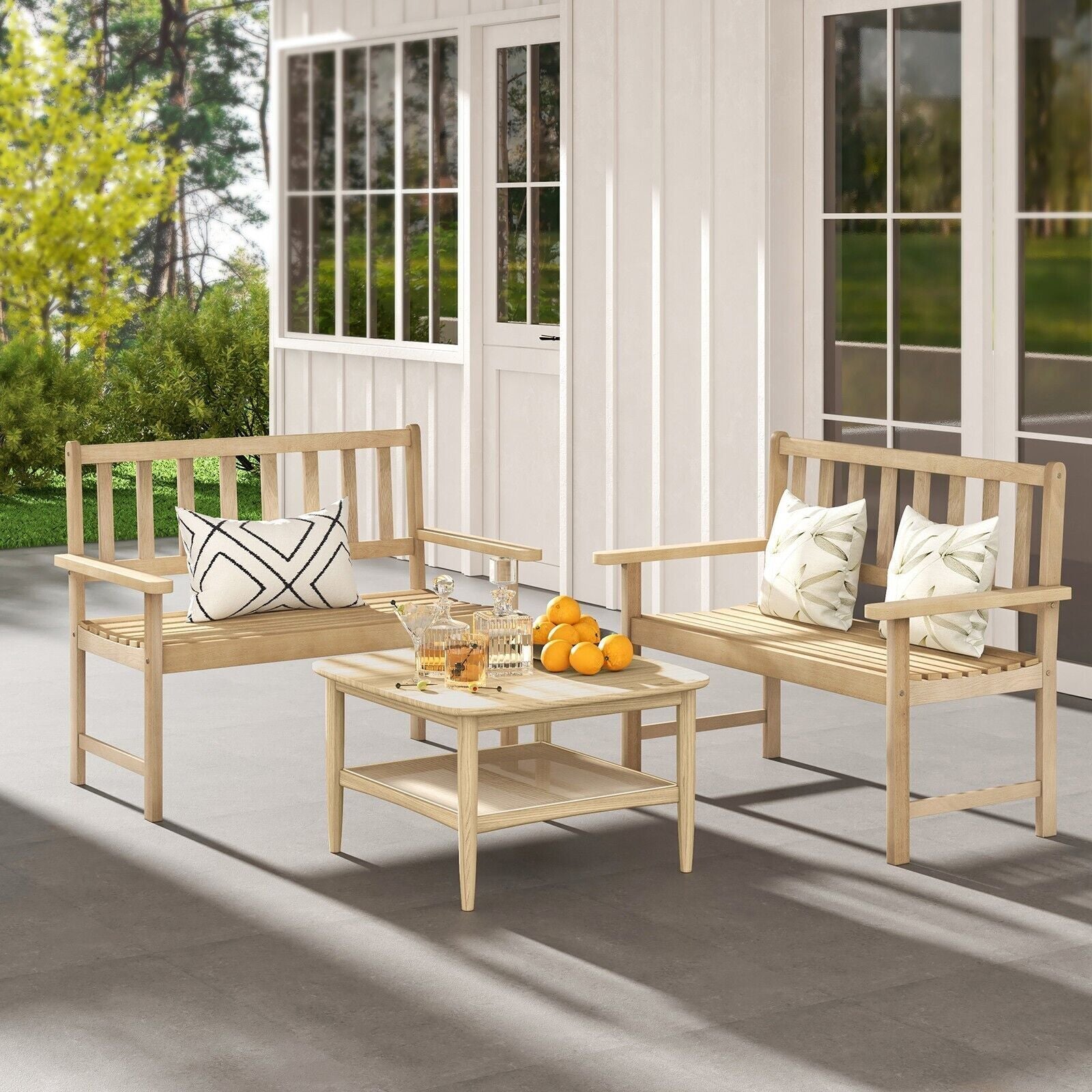 Wood Garden Bench 2-Person Patio Lounger Loveseat Slatted Seat with Backrest