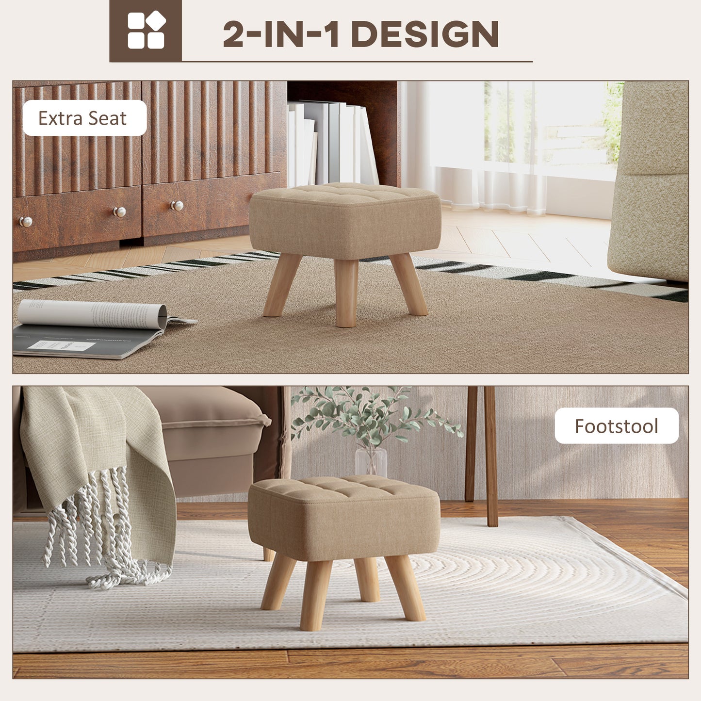 Footstool with Wood Legs, Fabric Foot Stool for Living Room, Bedroom