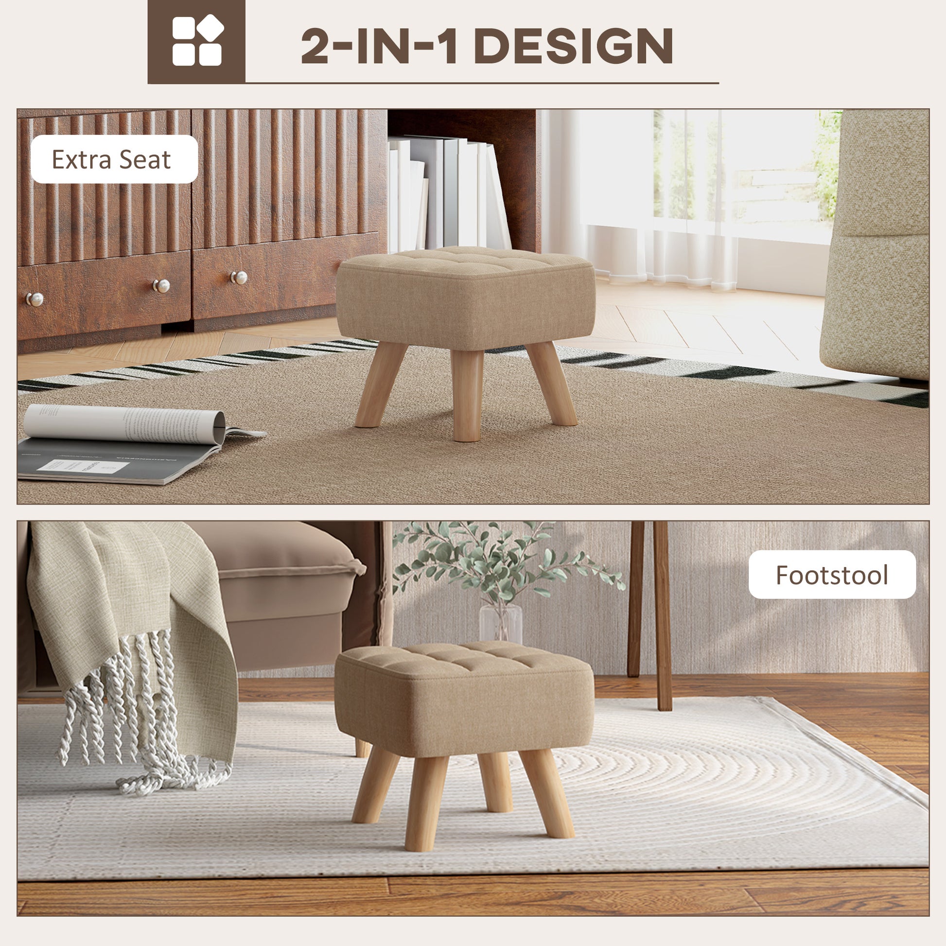 Footstool with Wood Legs, Fabric Foot Stool for Living Room, Bedroom