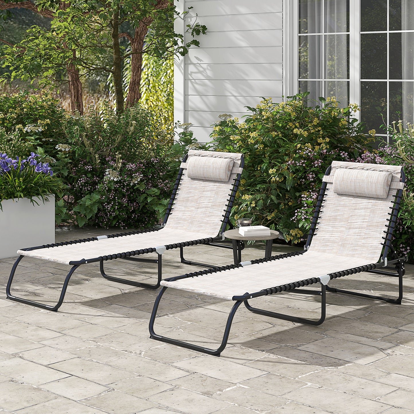 2 Pcs Beach Chaise Lounge 4 Adjustable Positions Sleeping Bed