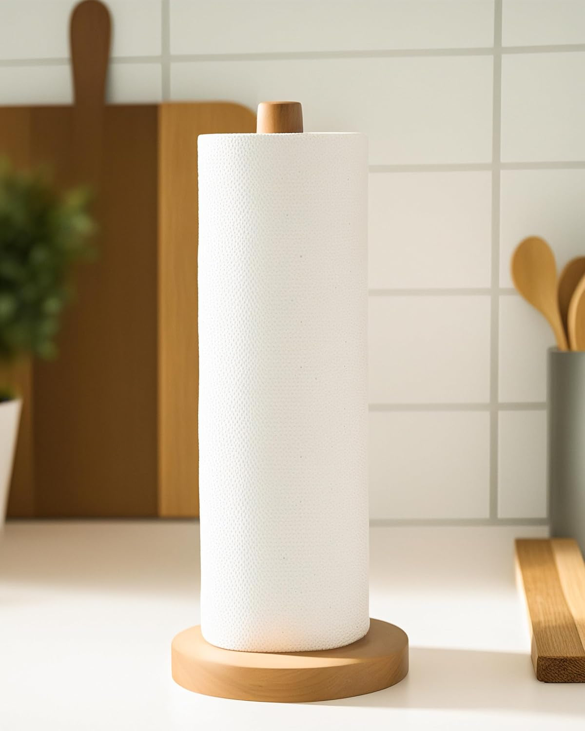 Wooden Paper Towel Holder Countertop - Solid Beechwood Paper Towel Dispenser Stand with Anti-Skid Base