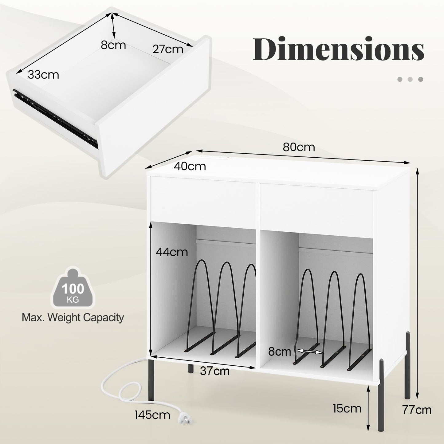 Record Player Stand with Power Outlets and Drawers for Living Room