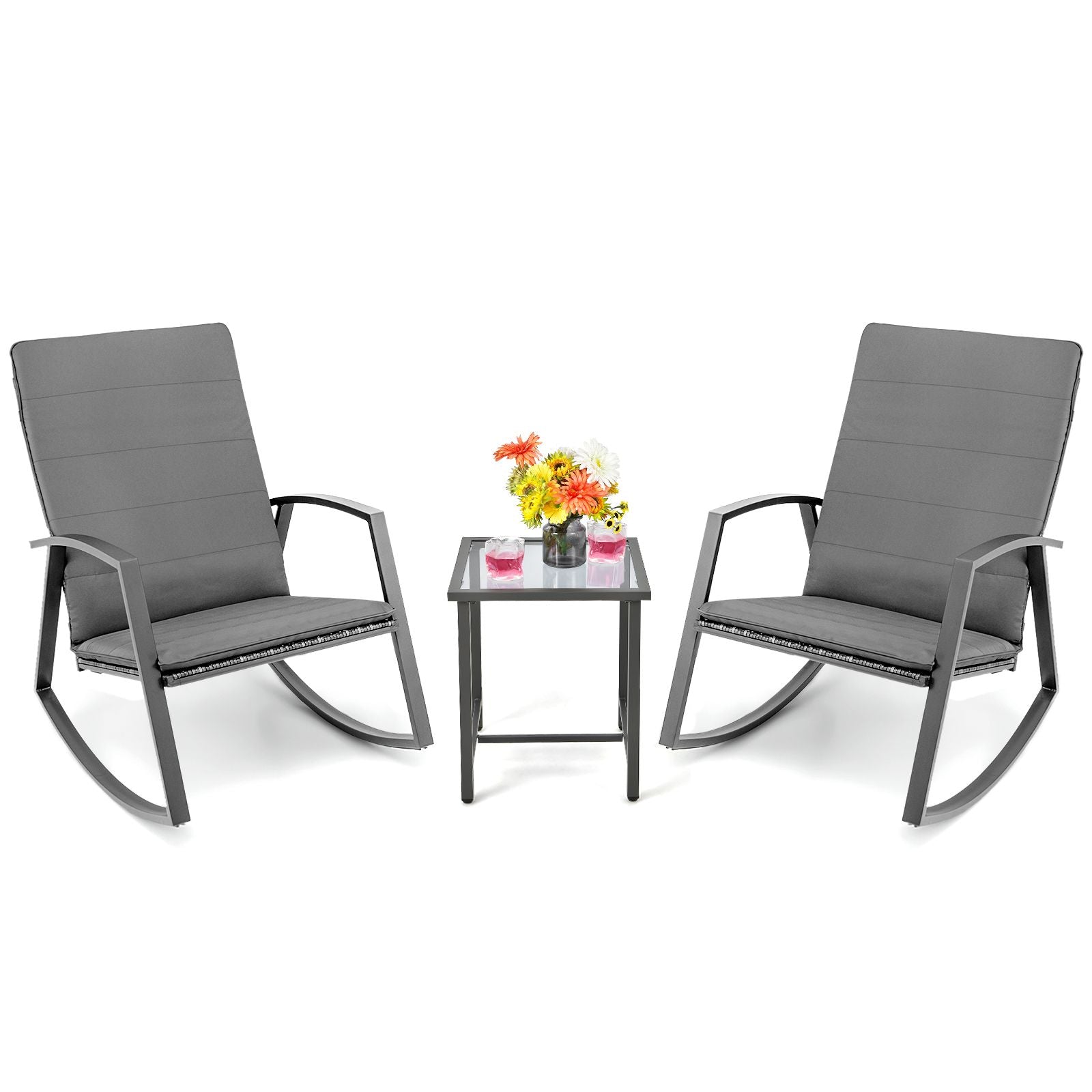 PE Rattan Rocking Chairs with Tempered Glass Side Table
