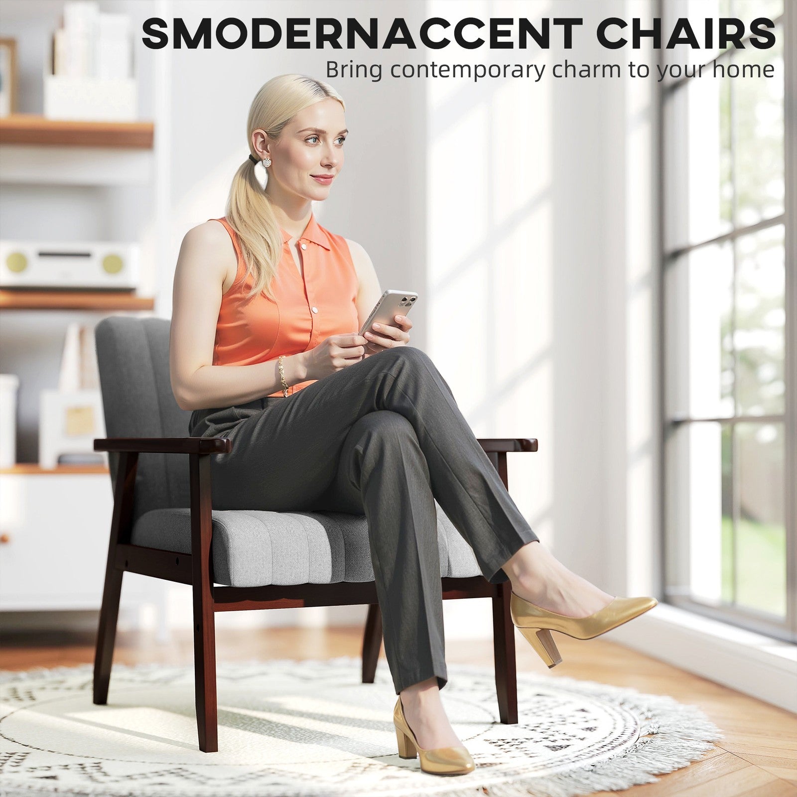 HOMCOM Modern Accent Chair Upholstered Armchair for Bedroom Living Room Grey