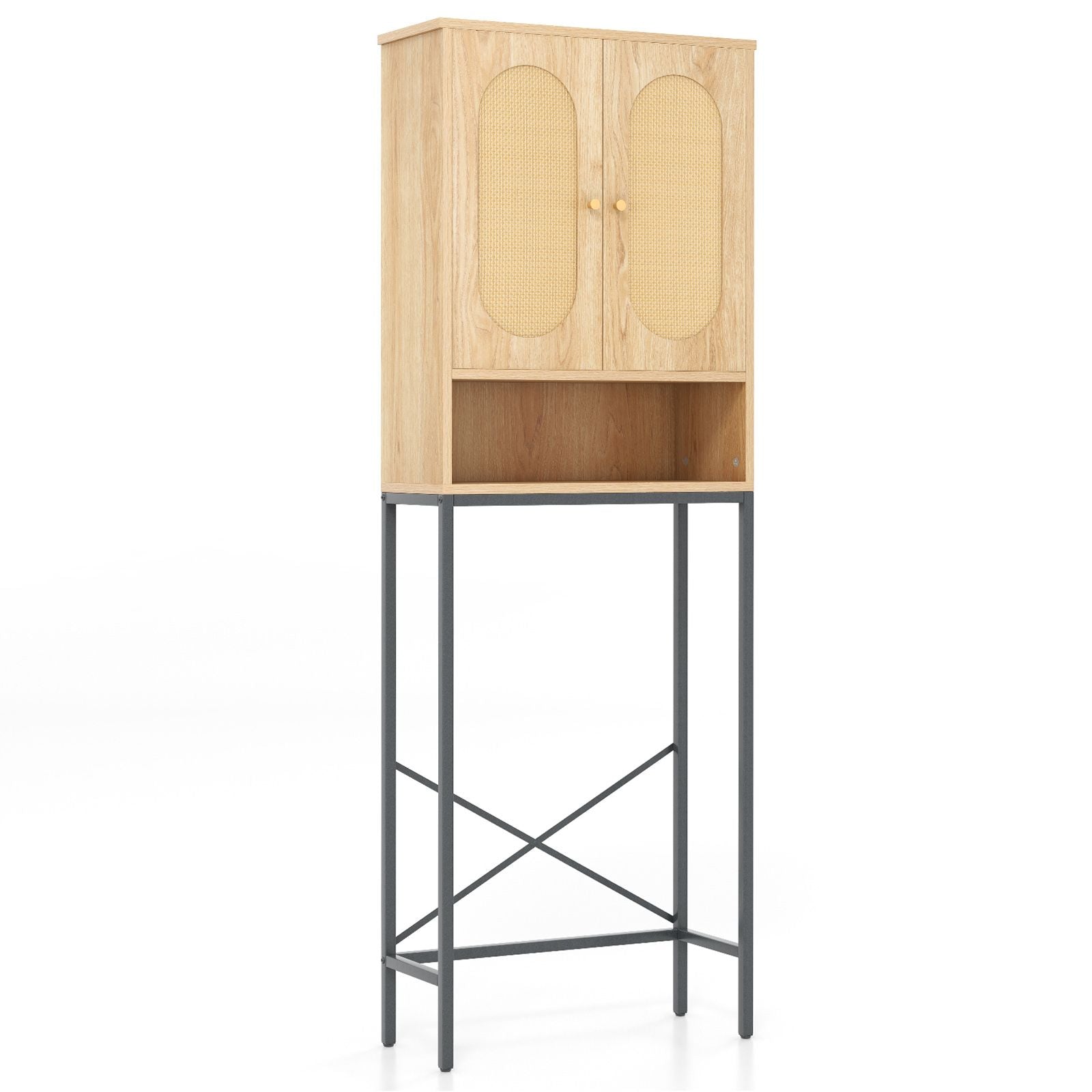 Over the Toilet Freestanding Toilet Storage Cabinet with Rattan Doors