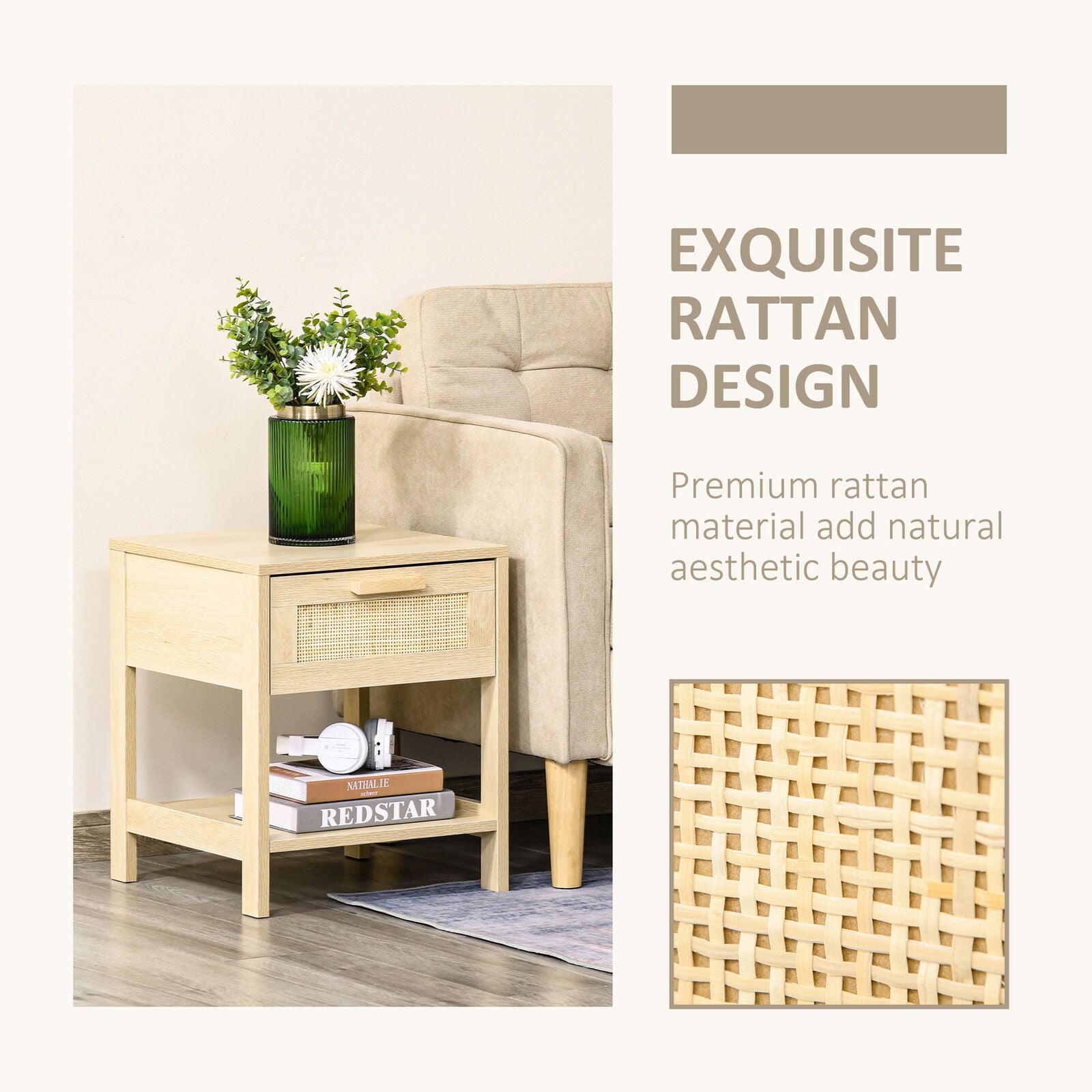 Bedside Table Nightstand W/ Rattan Drawer Storage Shelf Bedroom Living Room