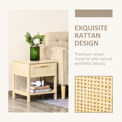 Bedside Table Nightstand W/ Rattan Drawer Storage Shelf Bedroom Living Room