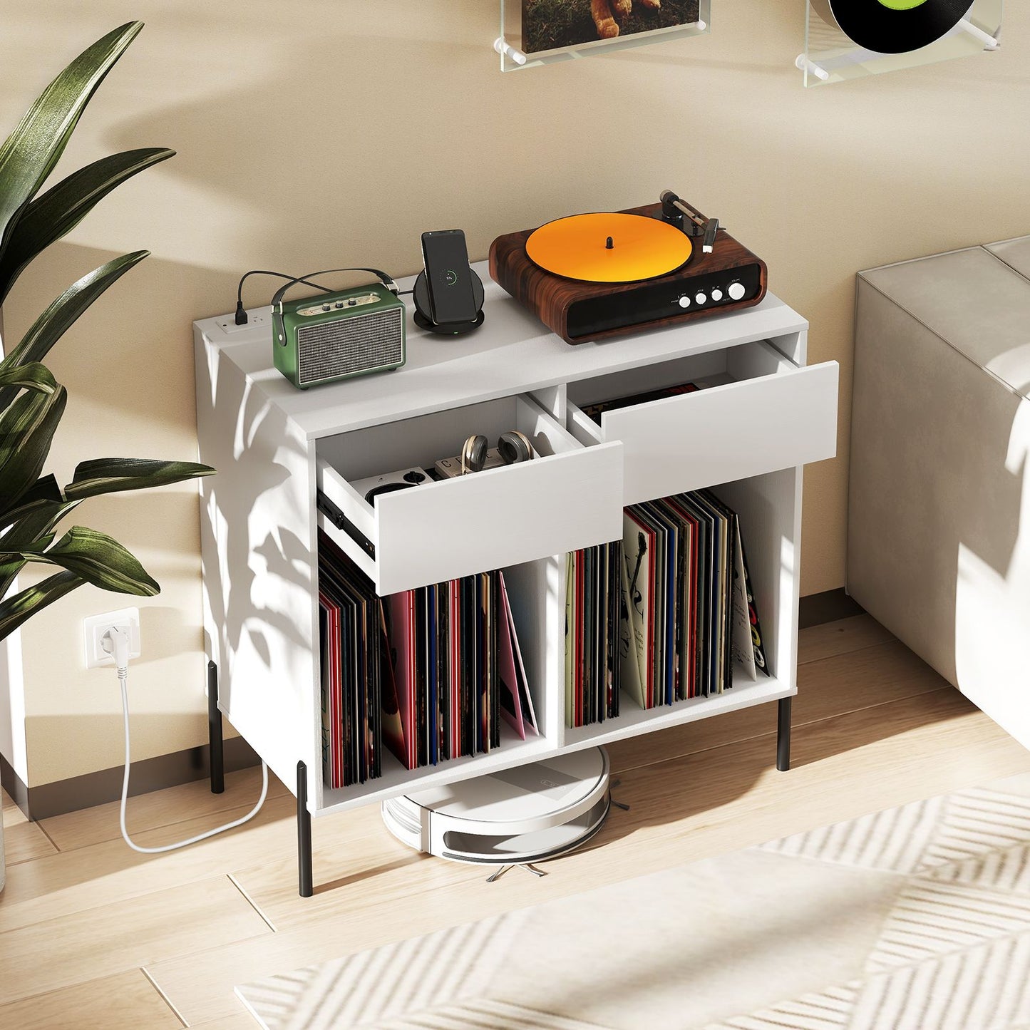 Record Player Stand with Power Outlets and Drawers for Living Room