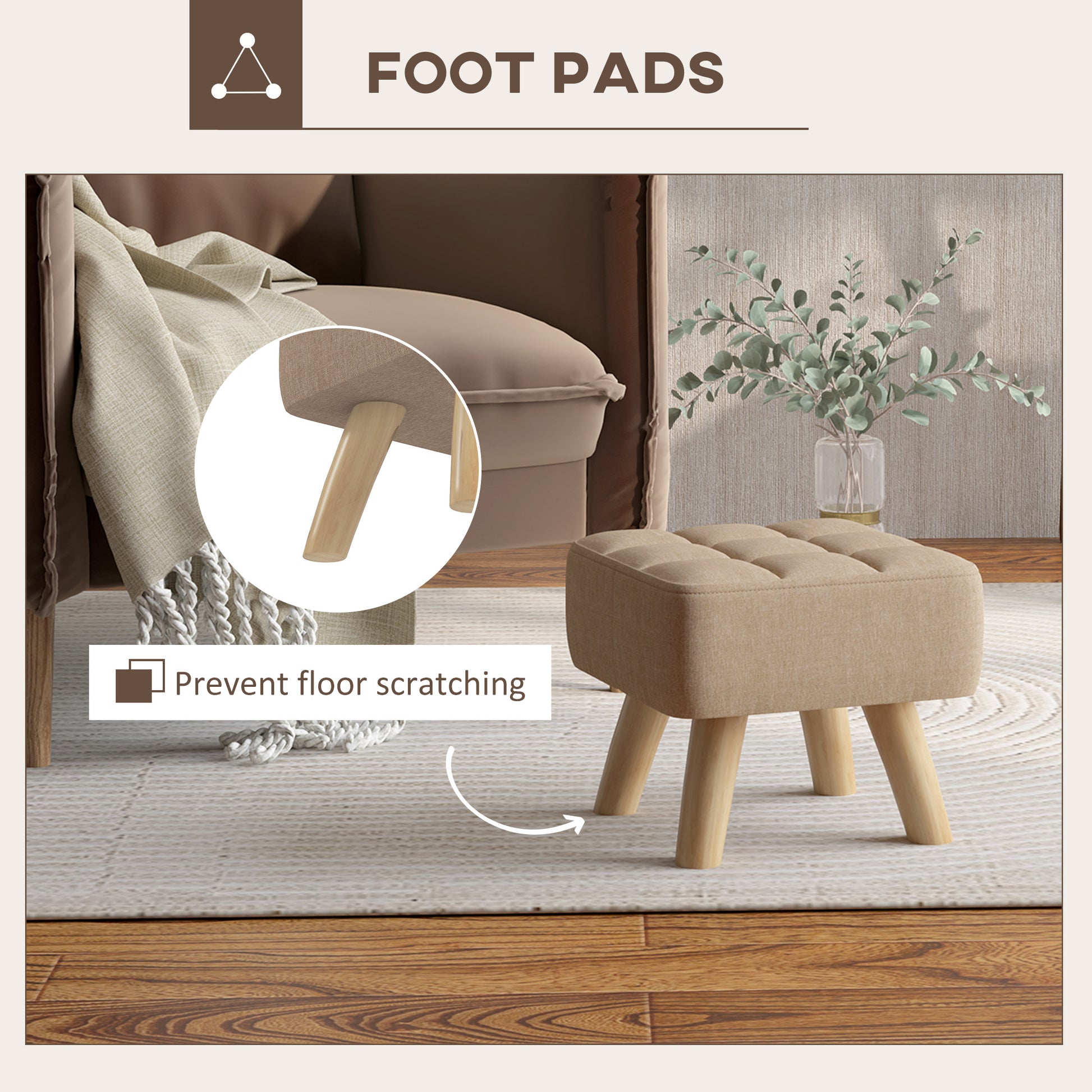 Footstool with Wood Legs, Fabric Foot Stool for Living Room, Bedroom