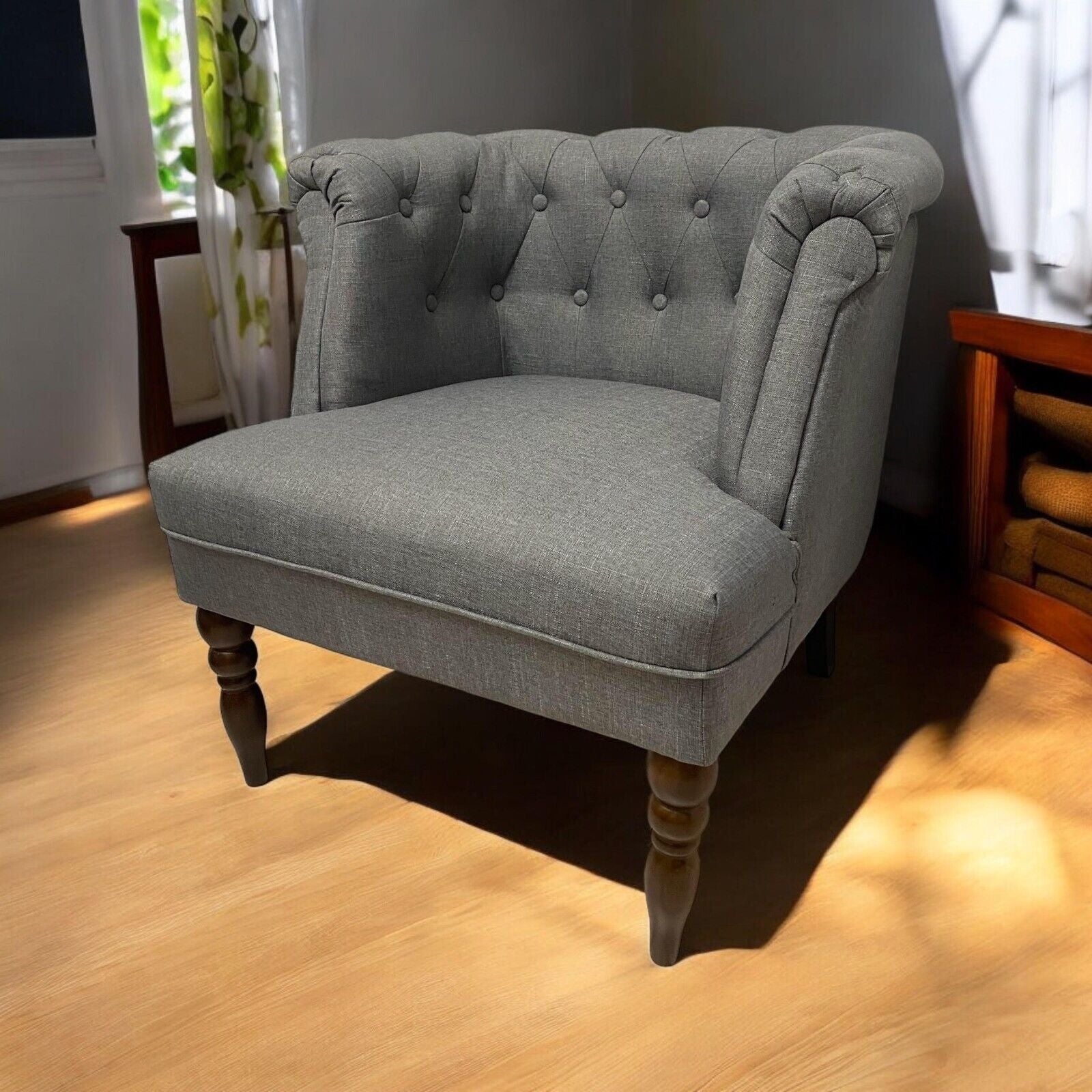 Durable Grey Linen Tub Barrel/Dining Armchair - Stylish Padded Chair for Bedroom