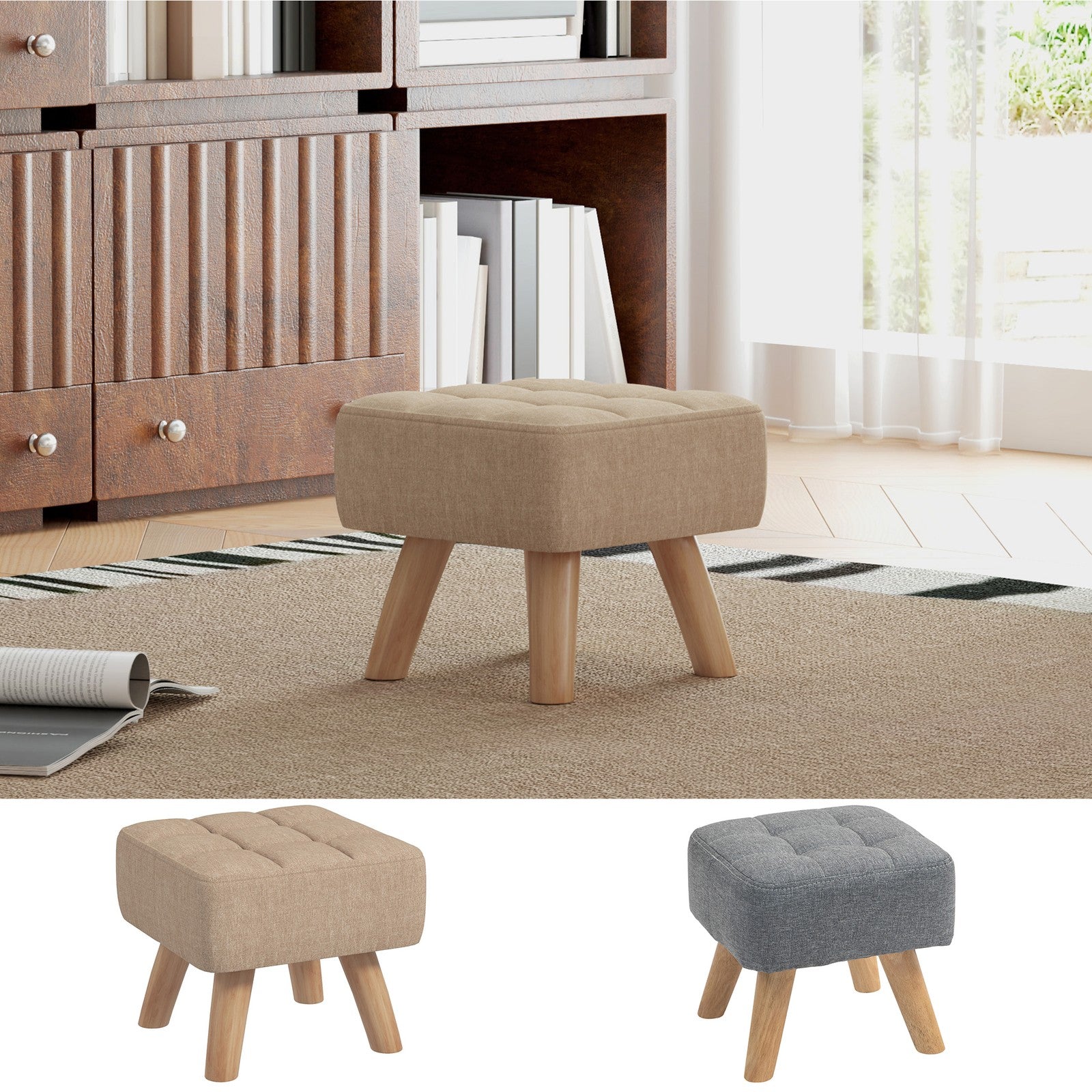 Footstool with Wood Legs, Fabric Foot Stool for Living Room, Bedroom