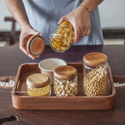 Transparent Food Storage Container Jar Acacia Wood round Tea Jar Dried Fruit Snacks Kitchen Glass Sealed Storage Jar