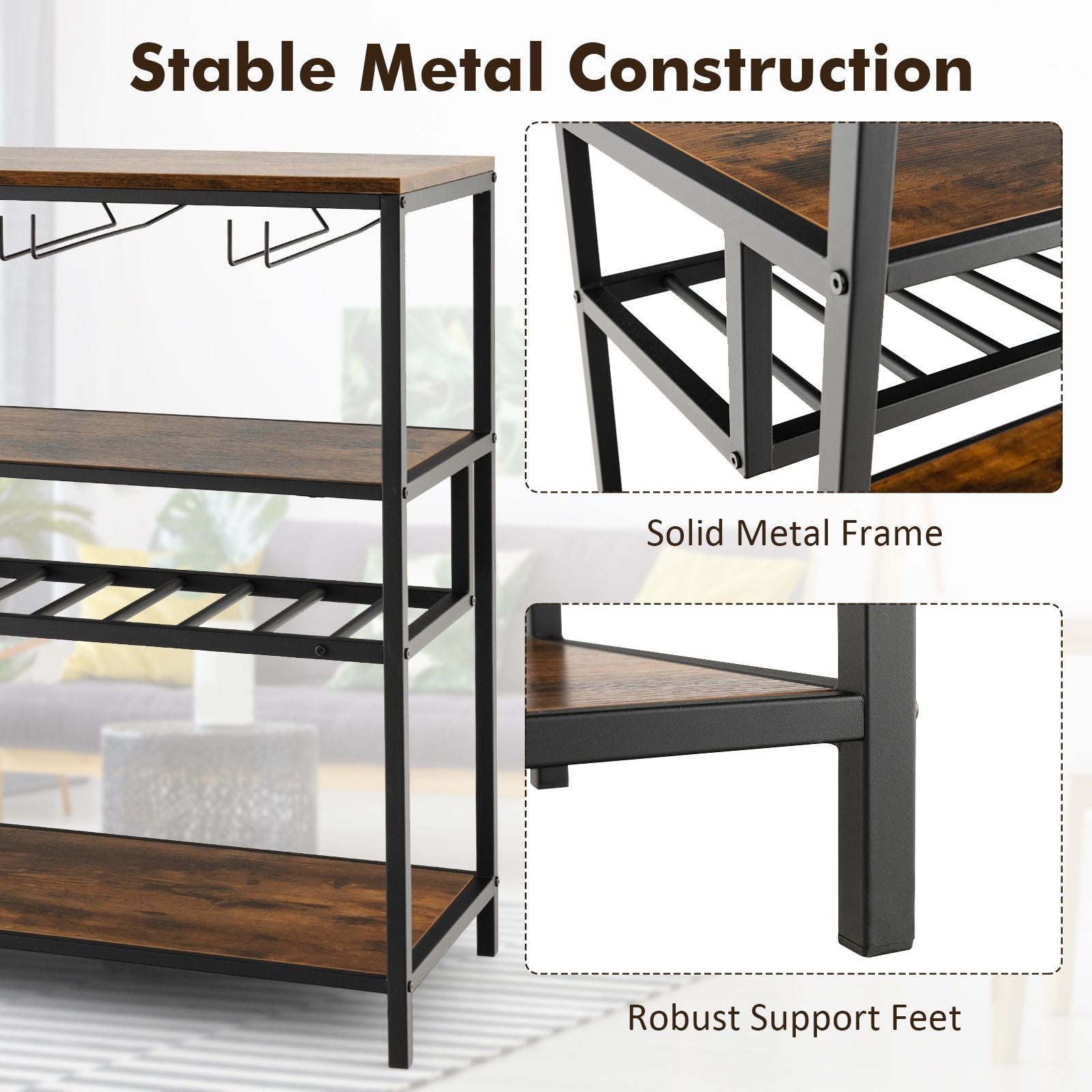 Industrial Bar Cabinet with Wine Rack & 4 Rows of Glass Holders