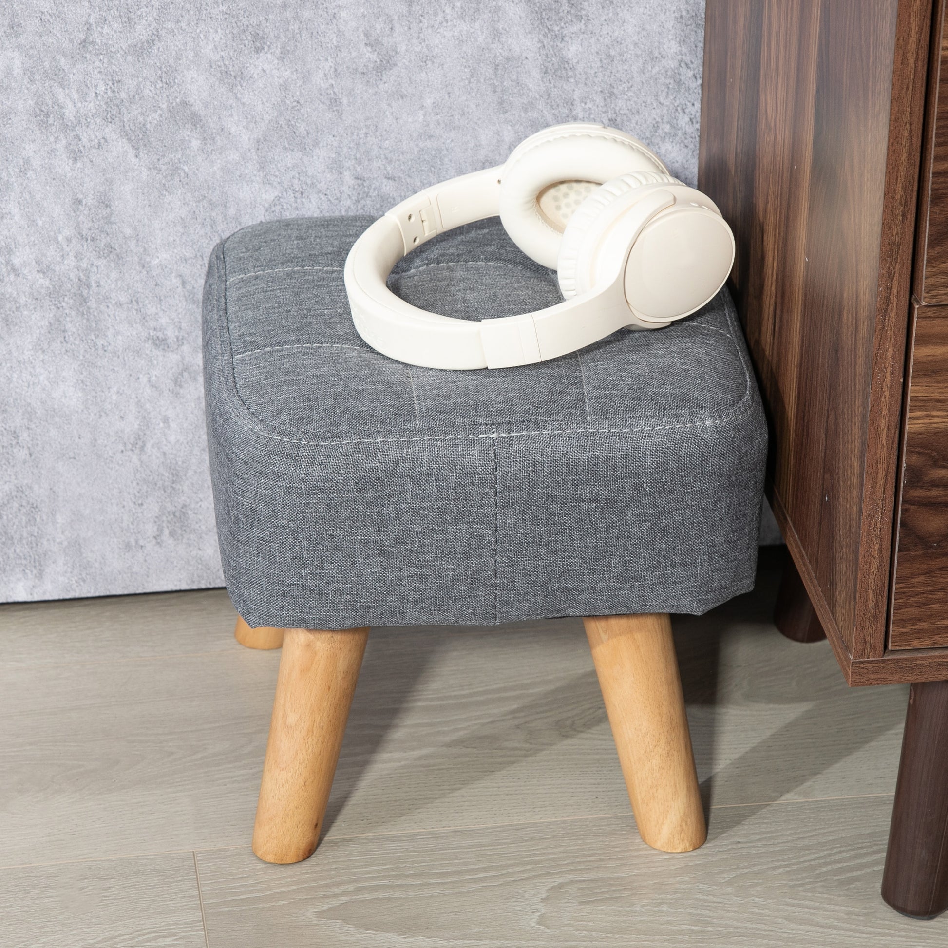 Footstool with Wood Legs, Fabric Foot Stool for Living Room, Bedroom