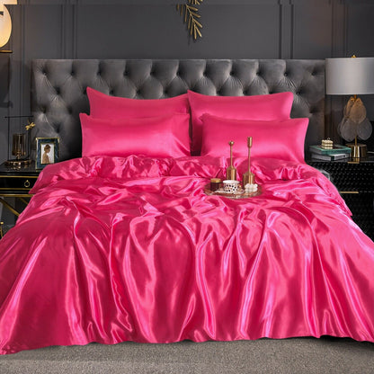 ROOEE 6PCS Satin Silk Complete Bedding Set Fitted Sheet Duvet Cover Pillow Cases