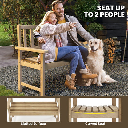 Wood Garden Bench 2-Person Patio Lounger Loveseat Slatted Seat with Backrest