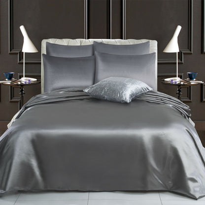 ROOEE 6PCS Satin Silk Complete Bedding Set Fitted Sheet Duvet Cover Pillow Cases
