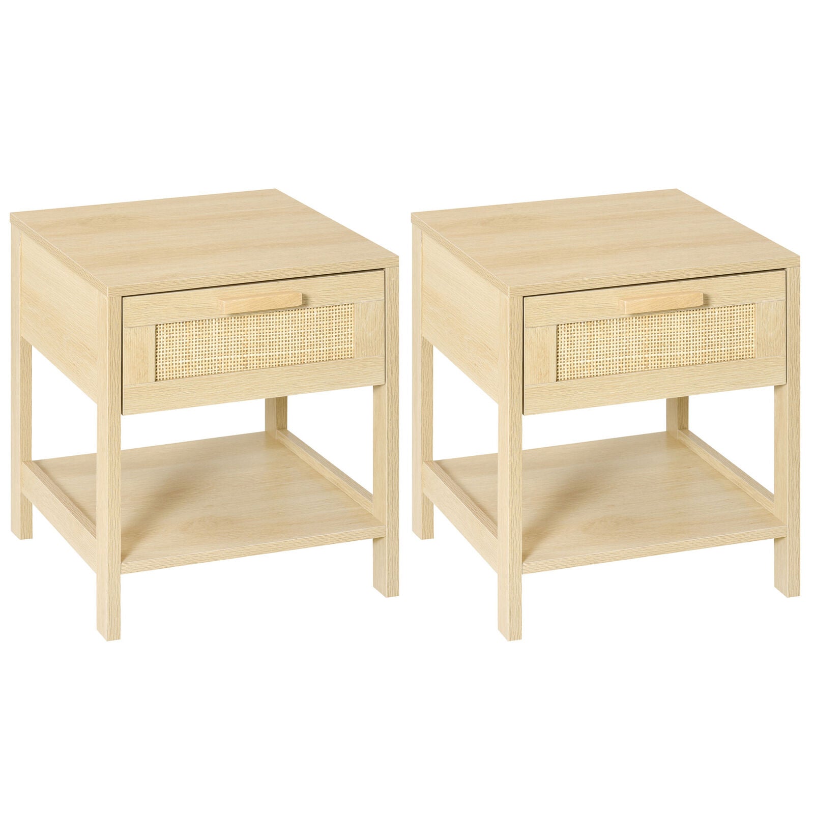 Bedside Table Nightstand W/ Rattan Drawer Storage Shelf Bedroom Living Room