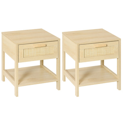 Bedside Table Nightstand W/ Rattan Drawer Storage Shelf Bedroom Living Room
