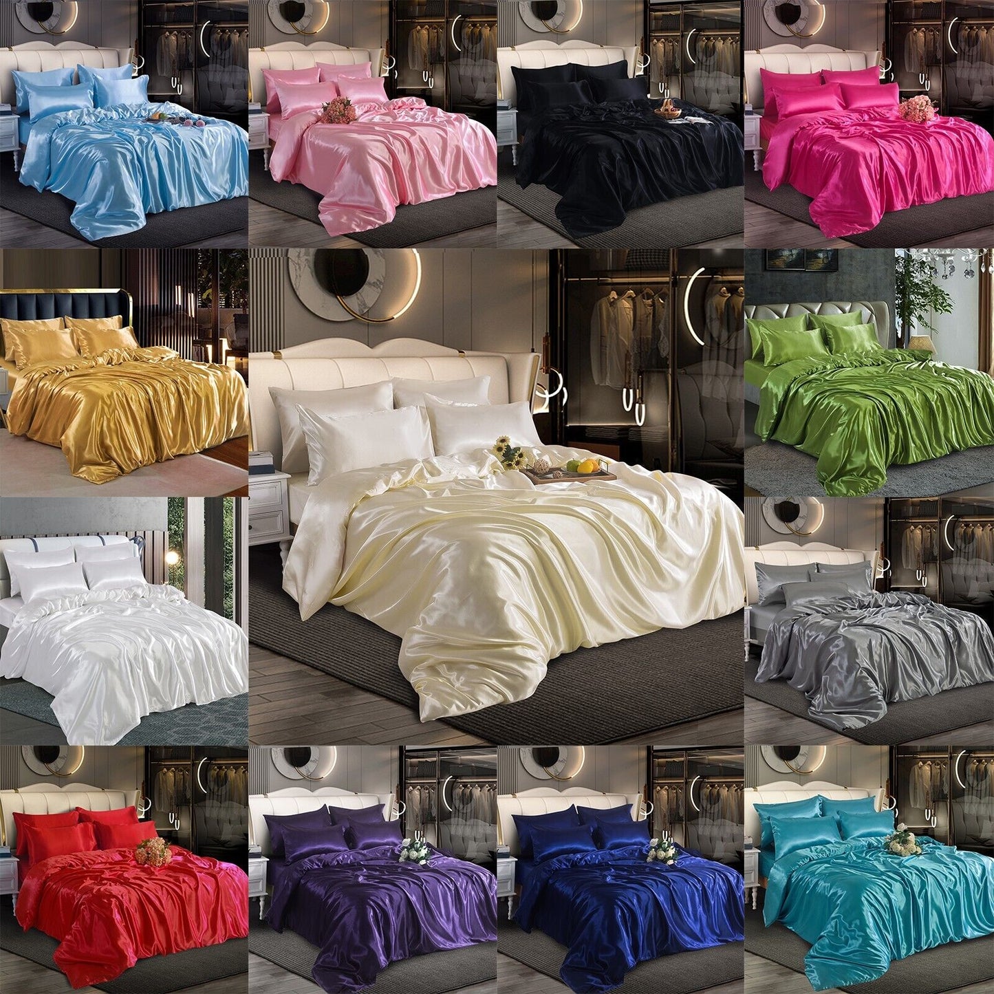 ROOEE 6PCS Satin Silk Complete Bedding Set Fitted Sheet Duvet Cover Pillow Cases