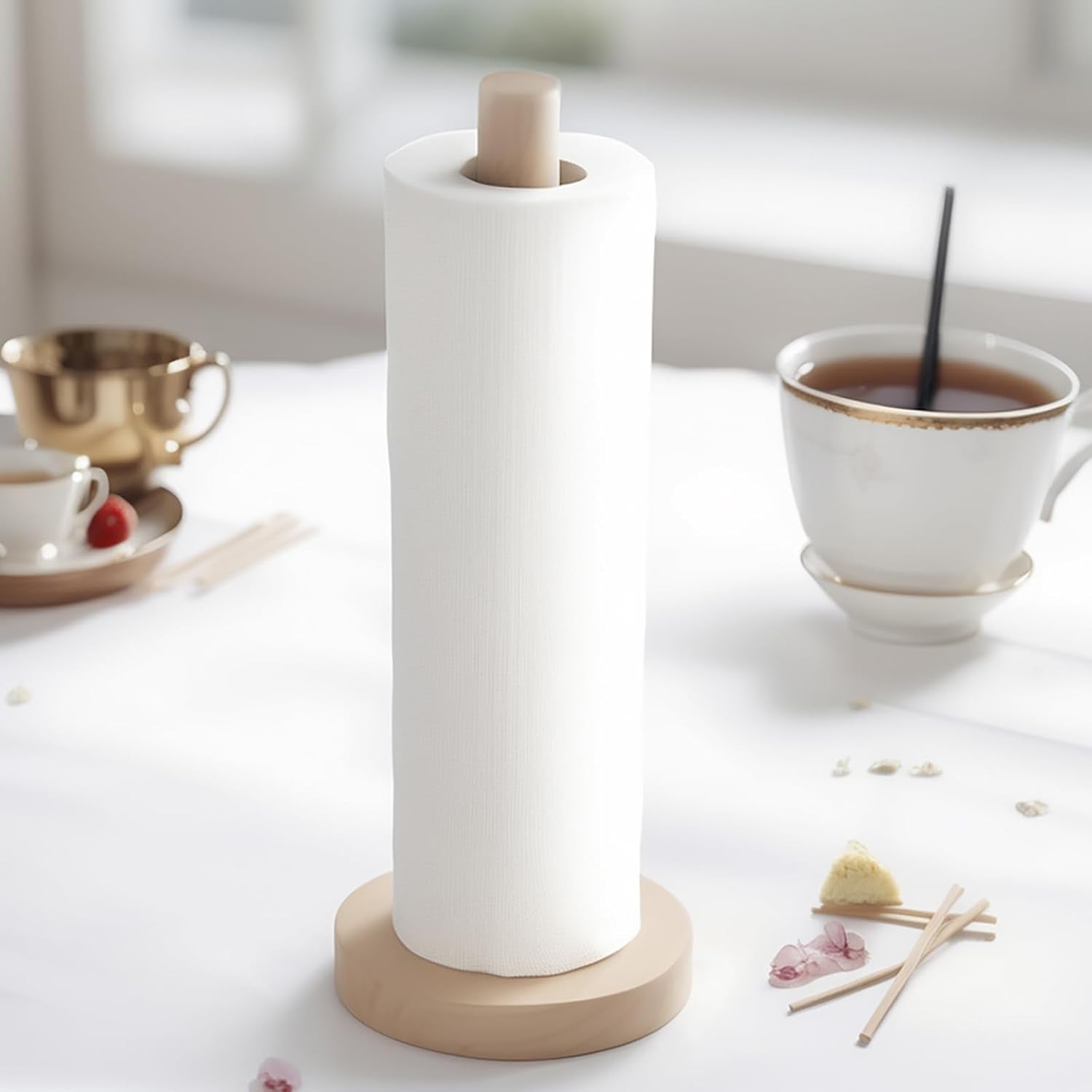 Wooden Paper Towel Holder Countertop - Solid Beechwood Paper Towel Dispenser Stand with Anti-Skid Base