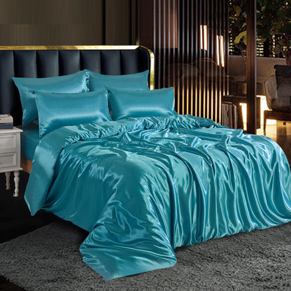 ROOEE 6PCS Satin Silk Complete Bedding Set Fitted Sheet Duvet Cover Pillow Cases