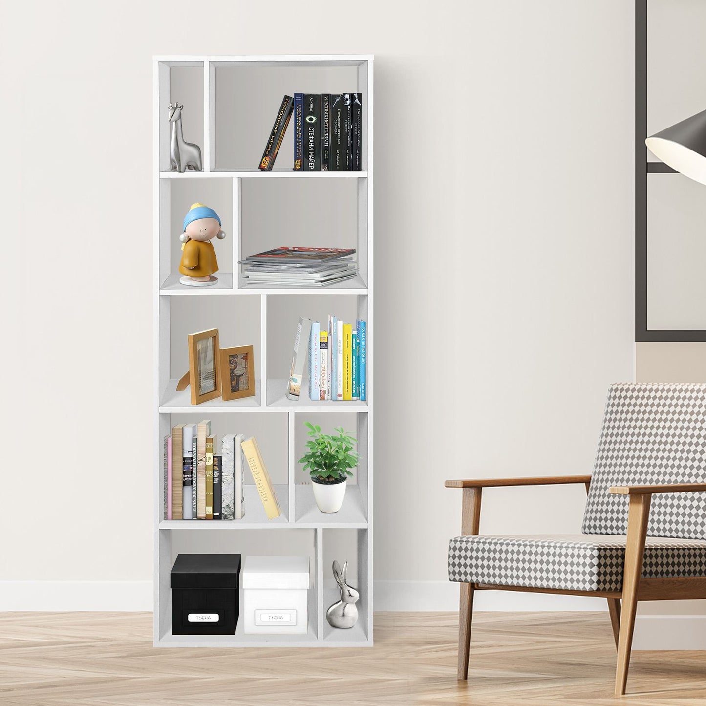 Wood Bookshelf with 10 Compartments Home Study Living Room