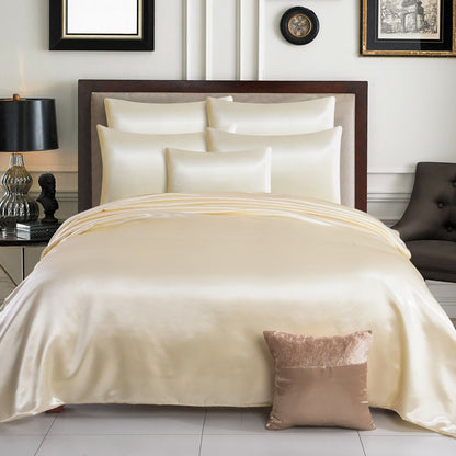 ROOEE 6PCS Satin Silk Complete Bedding Set Fitted Sheet Duvet Cover Pillow Cases