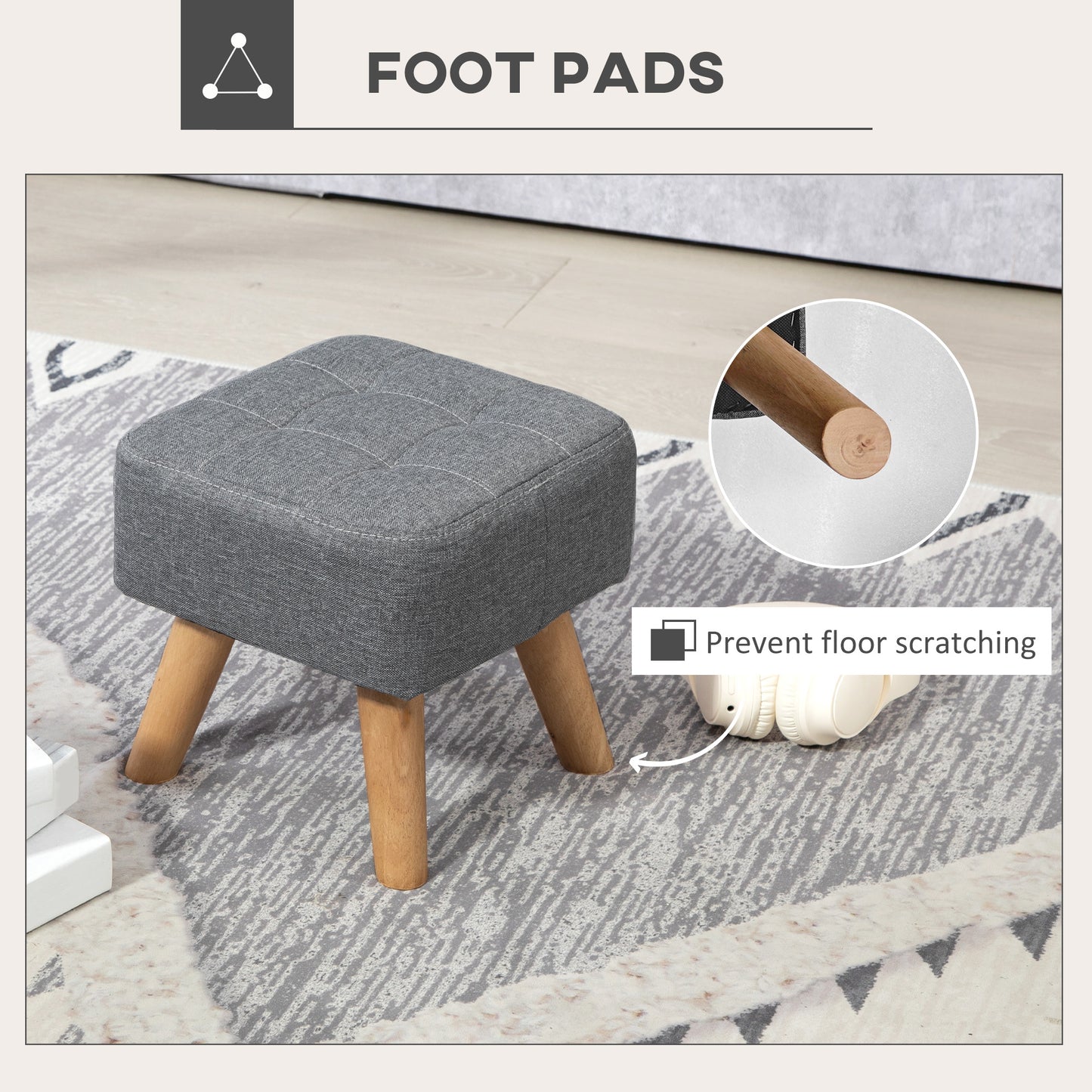 Footstool with Wood Legs, Fabric Foot Stool for Living Room, Bedroom