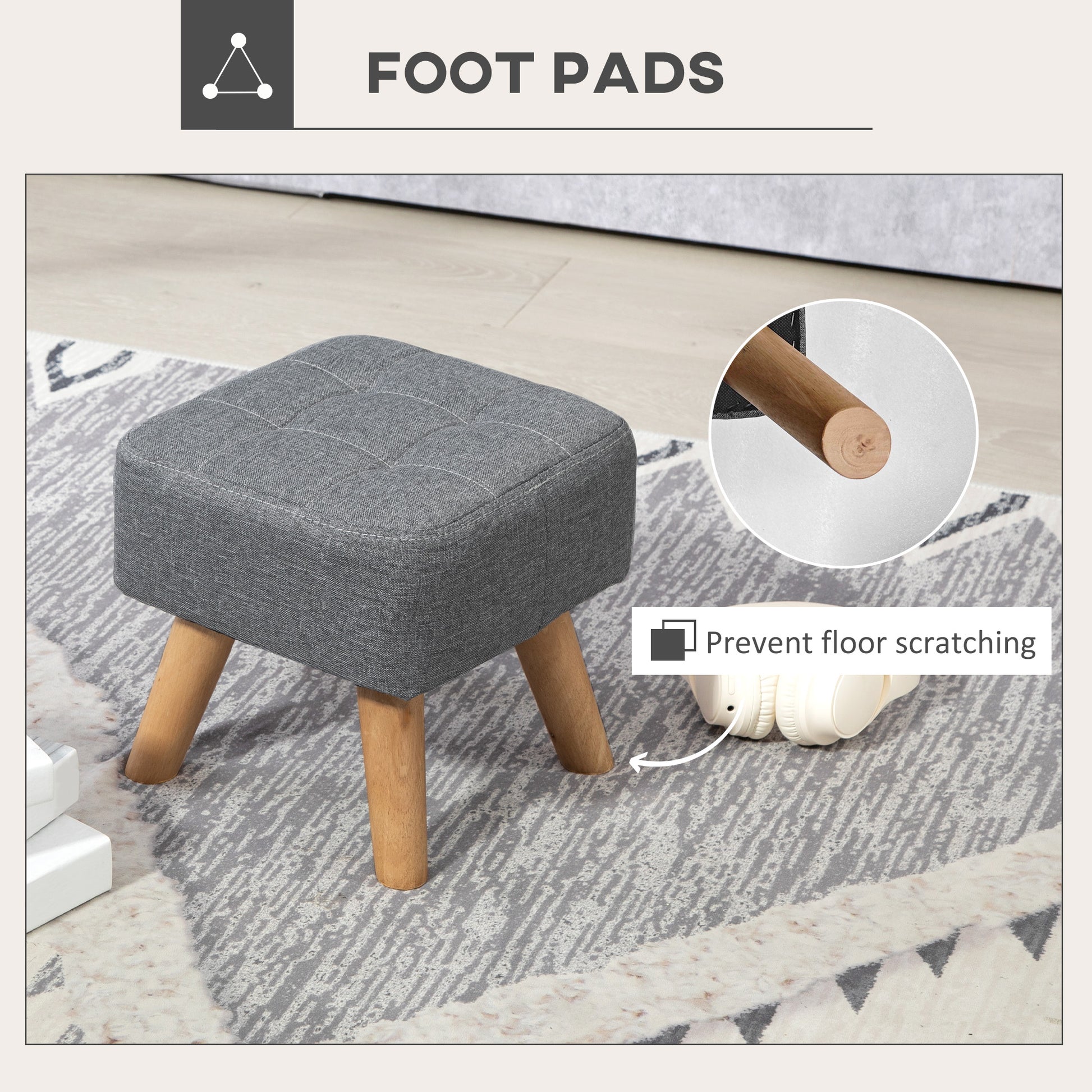 Footstool with Wood Legs, Fabric Foot Stool for Living Room, Bedroom