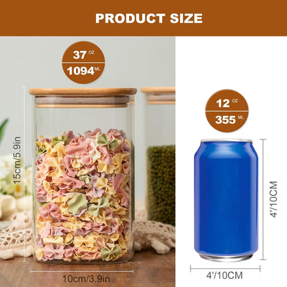 Glass Food Storage Jars 37 Oz Set of 6,Glass Storage Containers Clear Glass Food Canister with Bamboo Lid Airtight for Serving Tea, Coffee, Flour, Sugar, Candy, Cookie, Spice and More (Square)