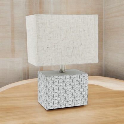 Stylish Cream Cement Table Lamp with Fabric Shade – Compact Lighting for Bedroom