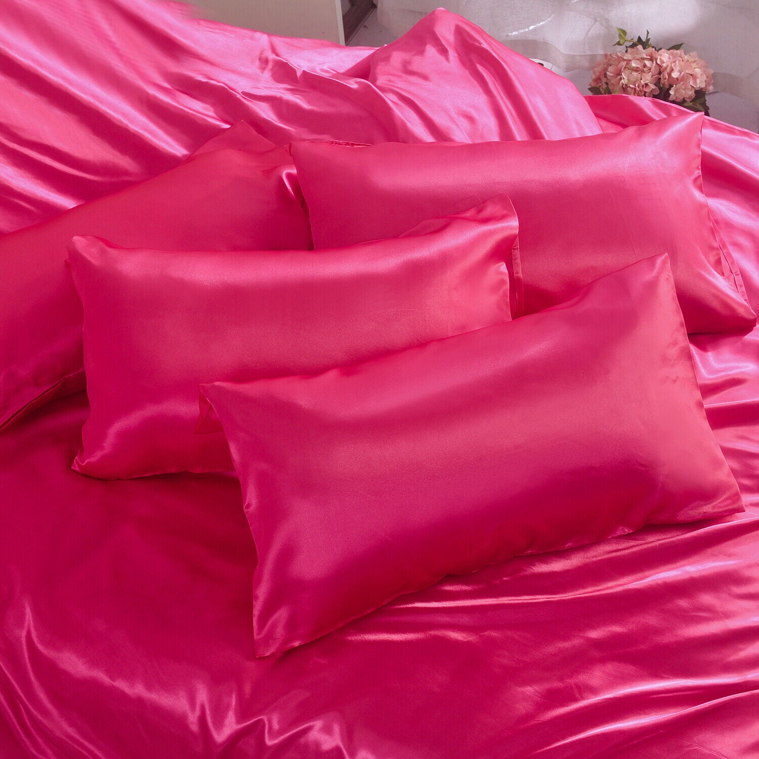 ROOEE 6PCS Satin Silk Complete Bedding Set Fitted Sheet Duvet Cover Pillow Cases