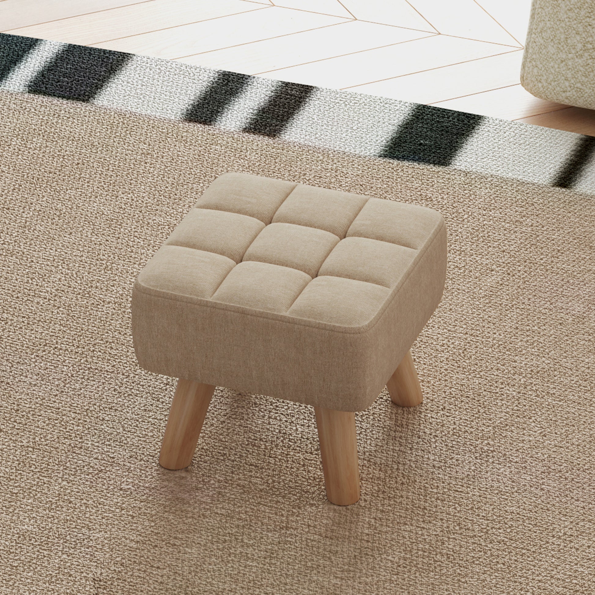 Footstool with Wood Legs, Fabric Foot Stool for Living Room, Bedroom