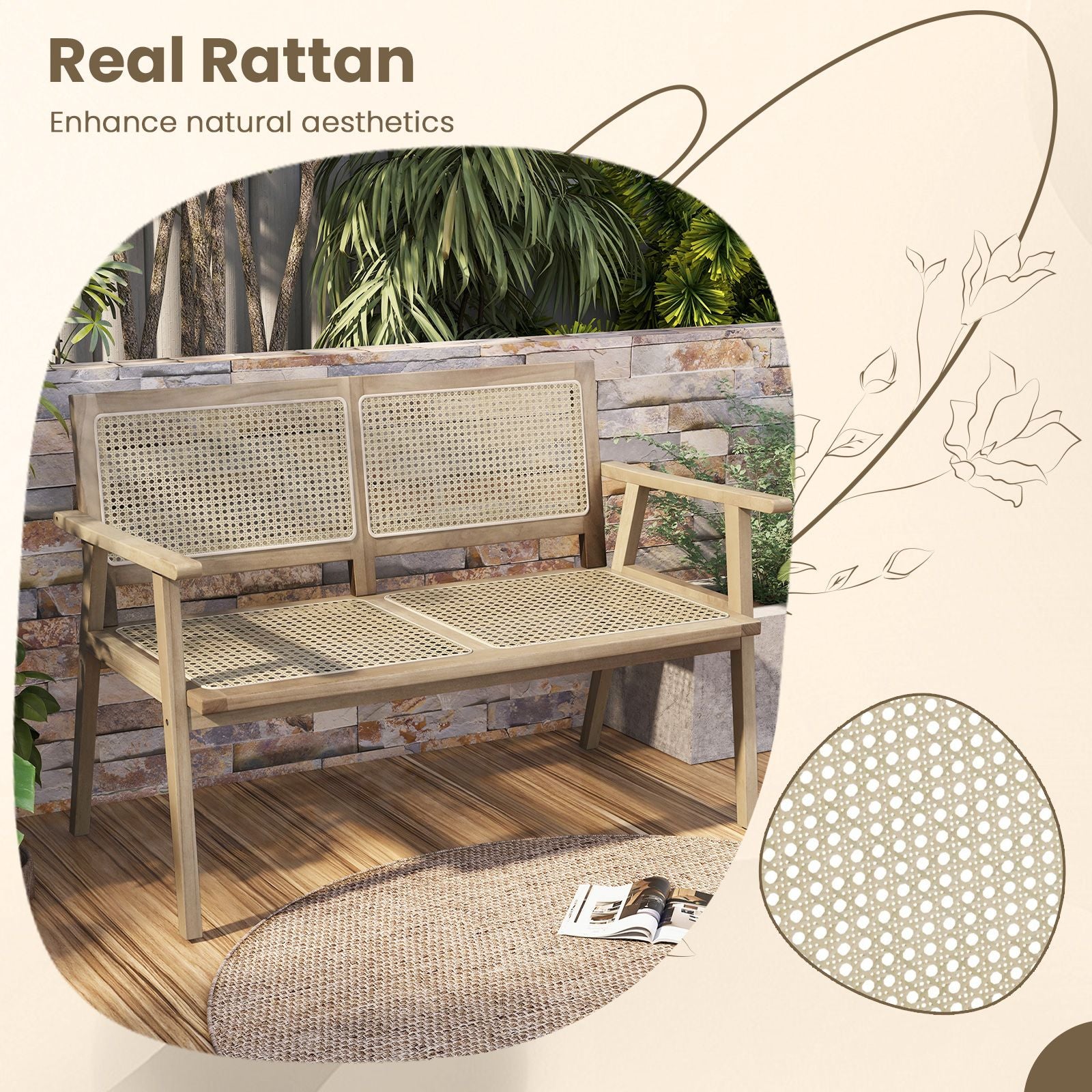 Outdoor Teak Wood Garden Bench with Armrests Rattan Backrest and Seat