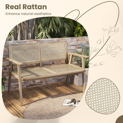 Outdoor Teak Wood Garden Bench with Armrests Rattan Backrest and Seat