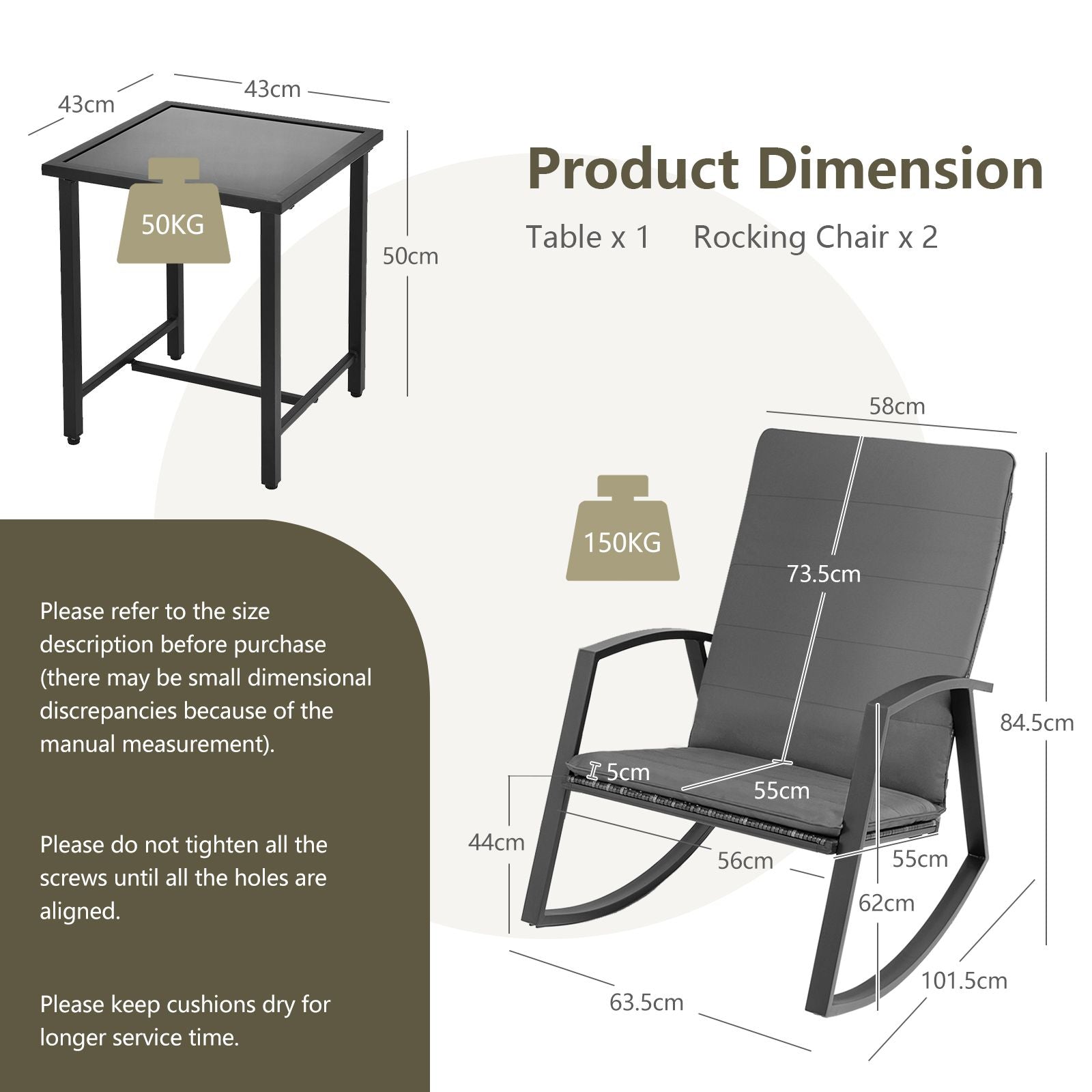 PE Rattan Rocking Chairs with Tempered Glass Side Table