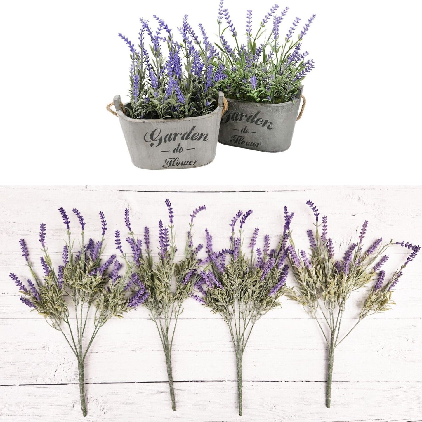 Artificial Lavender Flowers in Bundles Fake Silk Faux Lavender Plant Wooden Pots