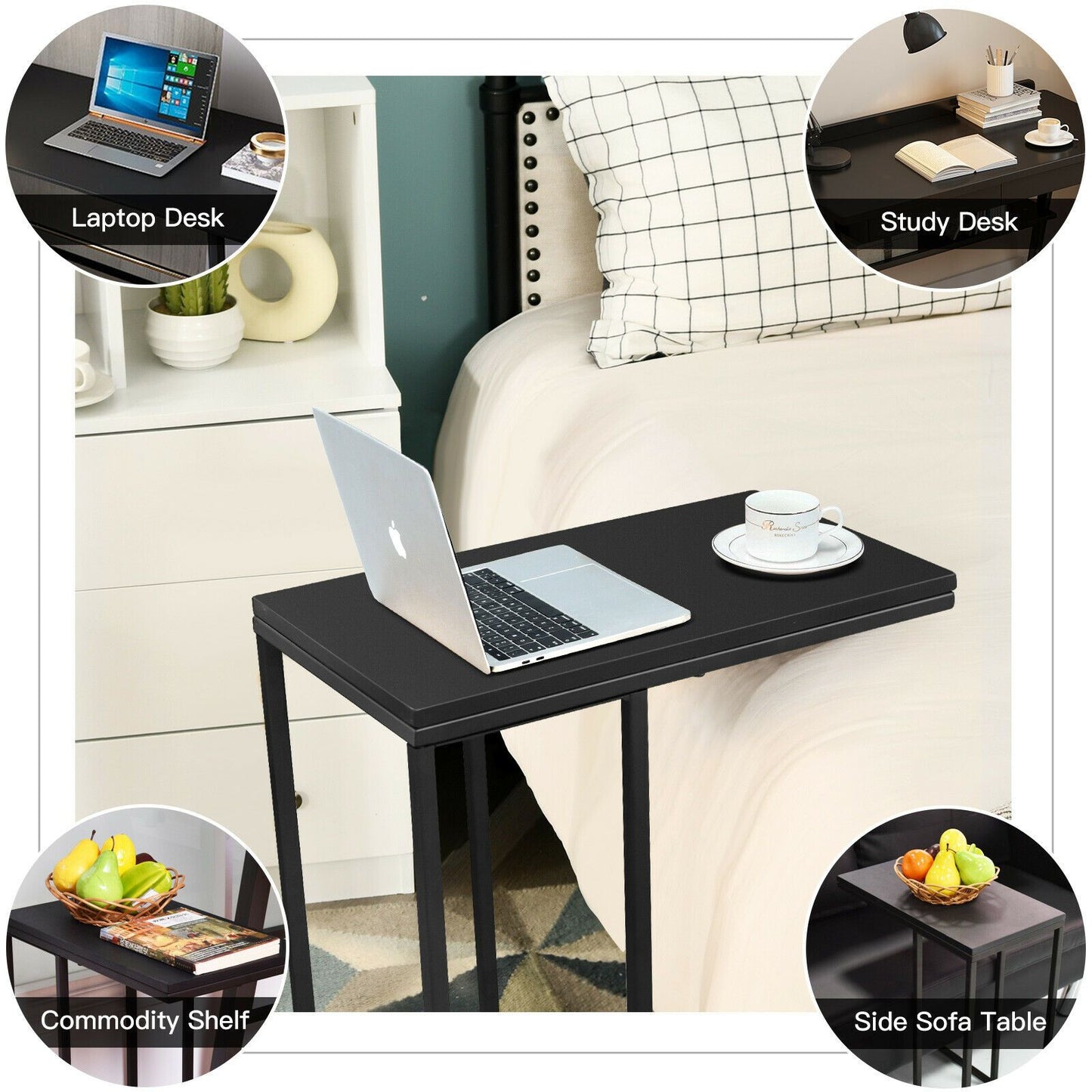 Industrial Sofa Side Table with C-Shaped Style for Living Room