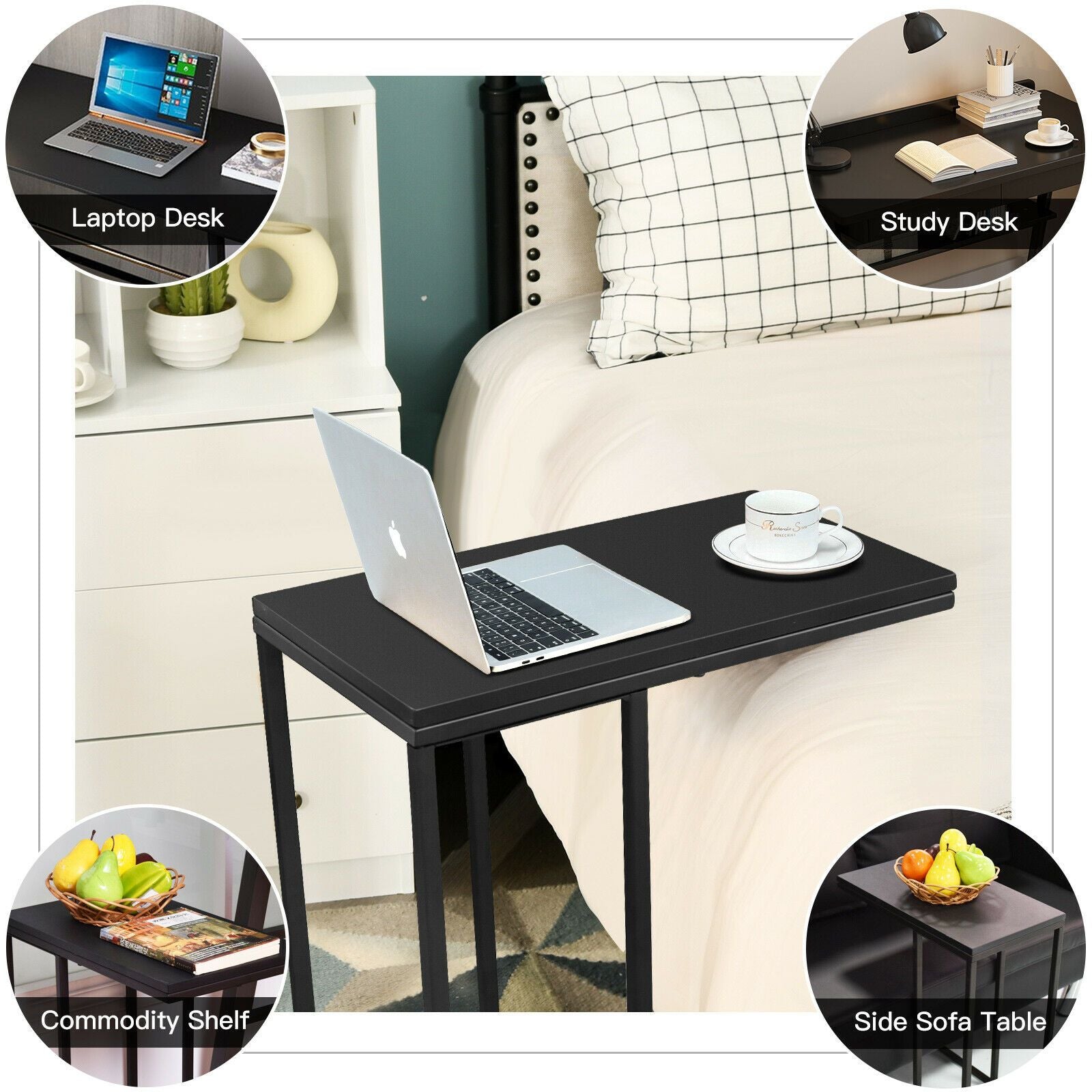 Industrial Sofa Side Table with C-Shaped Style for Living Room