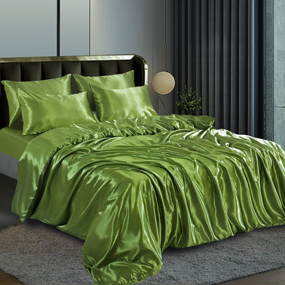 ROOEE 6PCS Satin Silk Complete Bedding Set Fitted Sheet Duvet Cover Pillow Cases