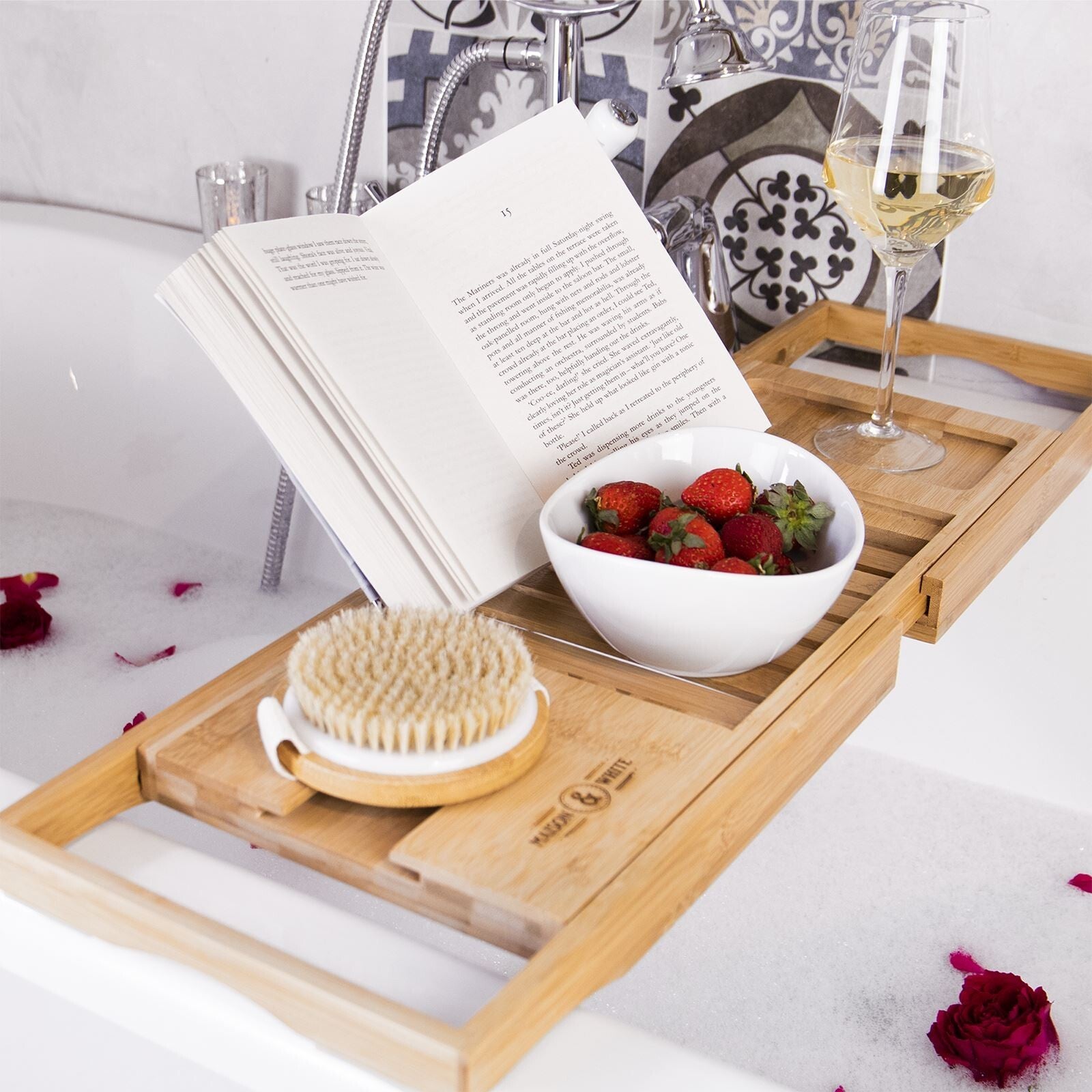 Bath Caddy Extendable Bamboo Adjustable Luxury Home Spa Wood Bath Tub Rest | M&W