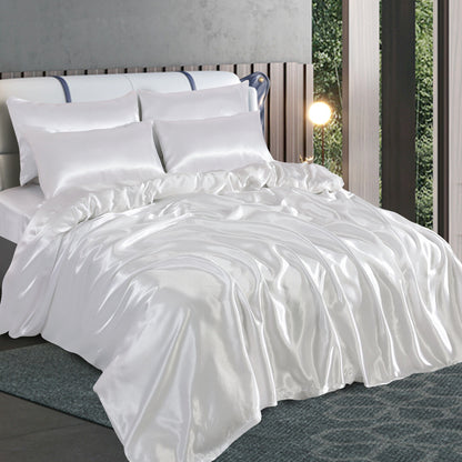 ROOEE 6PCS Satin Silk Complete Bedding Set Fitted Sheet Duvet Cover Pillow Cases