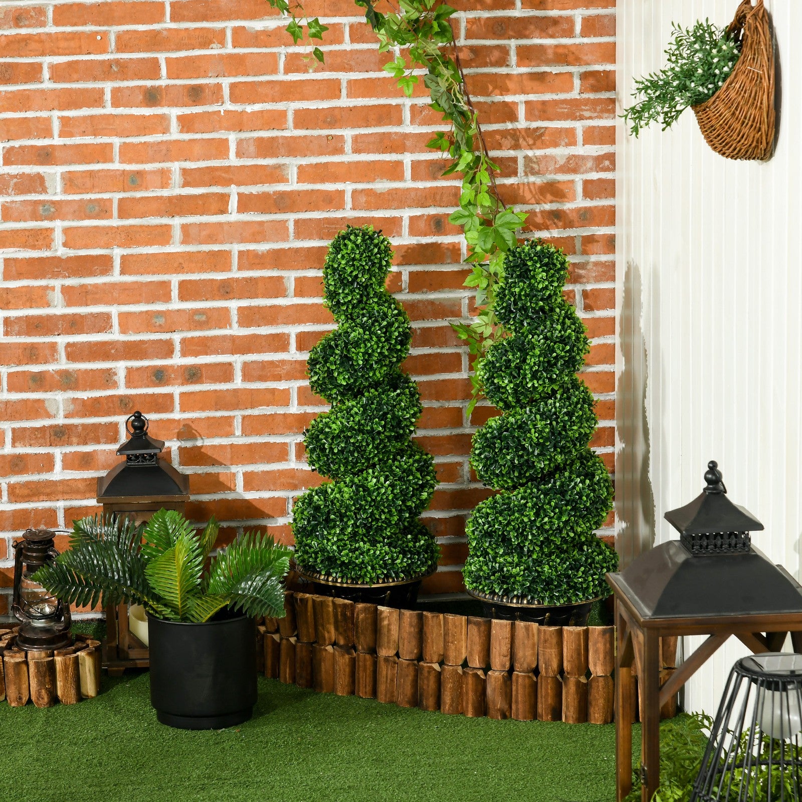 HOMCOM Set of 2 Potted Artificial Plants, Topiary Spiral Boxwood Trees, 90Cm