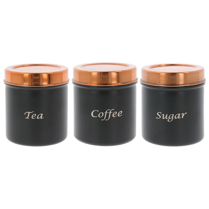 Tea Coffee Sugar Canisters Black Copper Set of 3 Kitchen Storage Jars Pots Metal