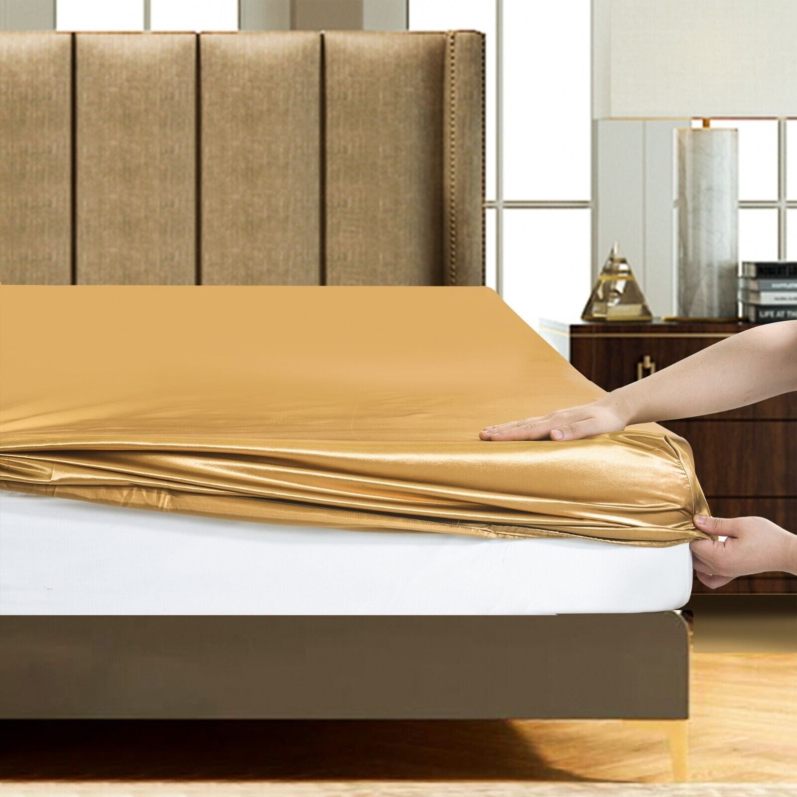 ROOEE 6PCS Satin Silk Complete Bedding Set Fitted Sheet Duvet Cover Pillow Cases