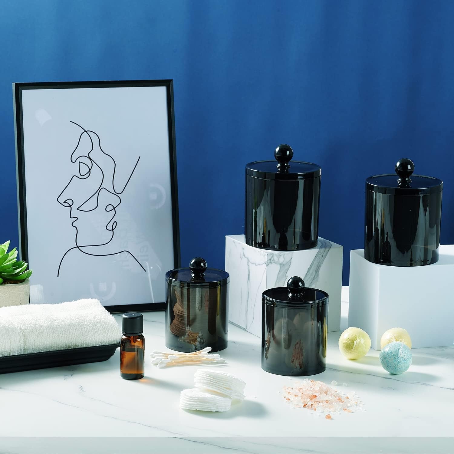 6 Pack Qtip Dispenser Apothecary Jars Bathroom with Labels - Qtip Holder Storage Canister Clear Plastic Acrylic Jar for Cotton Ball,Cotton Swab,Cotton Rounds,Floss Picks, Hair Clips (Black)